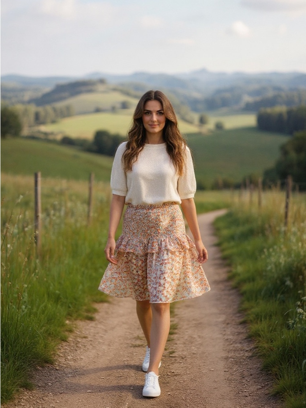 Yakira Bella A-Line Floral Tiered Skirt - Cream Floral M